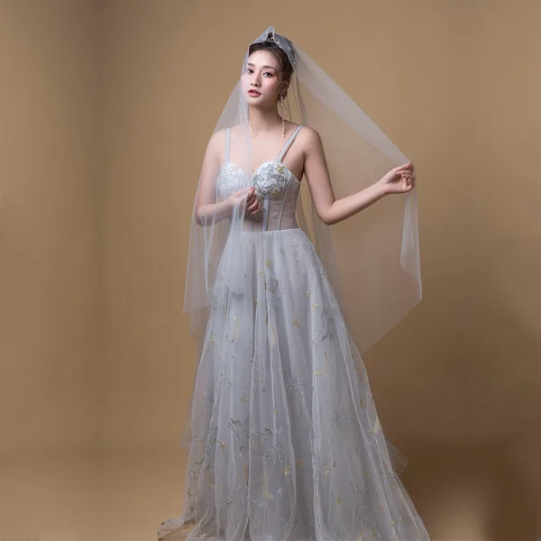 Elegant Grey Prom Dresses 2019 A-Line / Princess Shoulders Sleeveless Appliques Lace Sweep Train Ruffle Backless Formal Dresses
