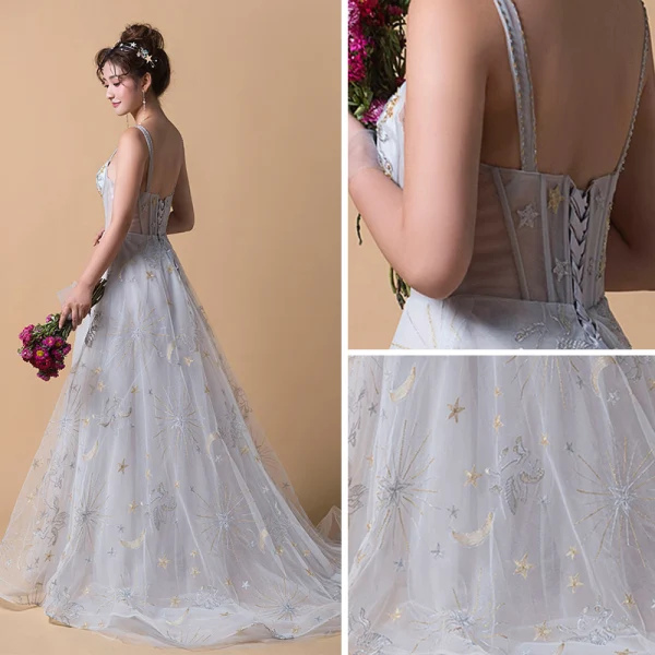 Elegant Grey Prom Dresses 2019 A-Line / Princess Shoulders Sleeveless Appliques Lace Sweep Train Ruffle Backless Formal Dresses