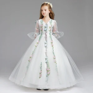 Classique Blanche Robe Ceremonie Fille 2017 Robe Boule V Cou 3 4 Manches Brodé Longue Volants Robe Pour Mariage