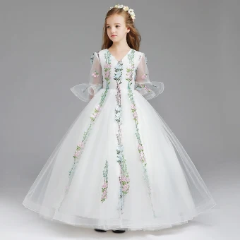Classique Blanche Robe Ceremonie Fille 2017 Robe Boule V Cou 3 4 Manches Brodé Longue Volants Robe Pour Mariage