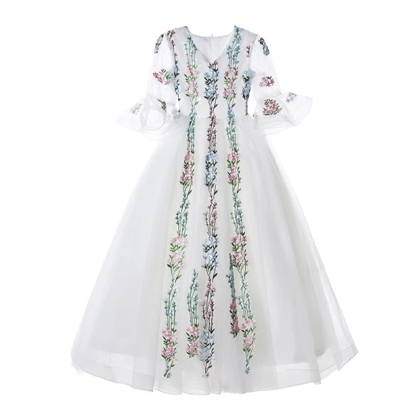 Classic White Flower Girl Dresses 2017 Ball Gown V-Neck 3/4 Sleeve Embroidered Floor-Length / Long Ruffle Wedding Party Dresses