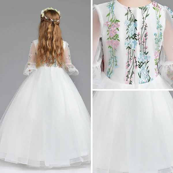 Classic White Flower Girl Dresses 2017 Ball Gown V-Neck 3/4 Sleeve Embroidered Floor-Length / Long Ruffle Wedding Party Dresses