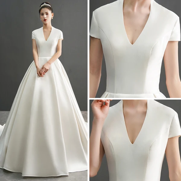 Amazing / Unique Ivory Wedding Dresses 2019 A-Line / Princess V-Neck Short Sleeve Chapel Train Ruffle