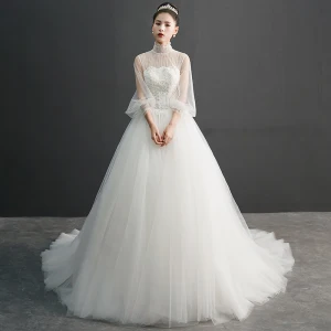 Vintage Retro Ivory See Through Wedding Dresses 2019 Ball Gown High Neck Puffy 3 4 Sleeve Appliques Lace Beading Pearl Chapel Train Ruffle