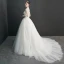 Vintage / Originale Ivoire Transparentes Robe De Mariée 2019 Robe Boule Col Haut Gonflée 3/4 Manches Appliques En Dentelle Perlage Perle Chapel Train Volants