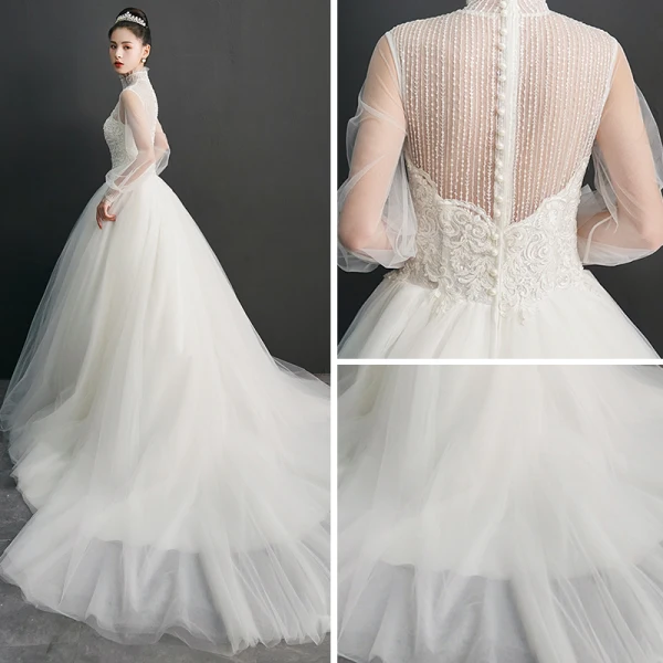 Vintage / Originale Ivoire Transparentes Robe De Mariée 2019 Robe Boule Col Haut Gonflée 3/4 Manches Appliques En Dentelle Perlage Perle Chapel Train Volants