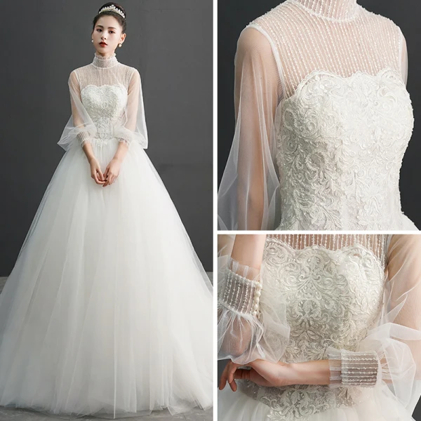 Vintage / Originale Ivoire Transparentes Robe De Mariée 2019 Robe Boule Col Haut Gonflée 3/4 Manches Appliques En Dentelle Perlage Perle Chapel Train Volants