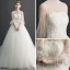 Vintage / Originale Ivoire Transparentes Robe De Mariée 2019 Robe Boule Col Haut Gonflée 3/4 Manches Appliques En Dentelle Perlage Perle Chapel Train Volants