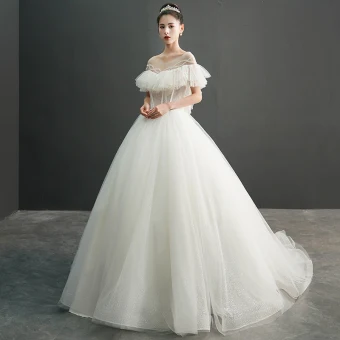 Modern Fashion Ivory See Through Wedding Dresses 2019 Ball Gown Scoop Neck Short Sleeve Backless Beading Spotted Tulle Chapel Train Ruffle