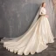 Illusion Champagne Wedding Dresses 2019 A-Line / Princess V-Neck 3/4 Sleeve Backless Beading Pearl Cathedral Train Ruffle