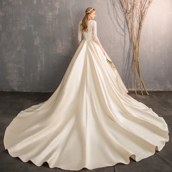 Illusion Champagne Wedding Dresses 2019 A-Line / Princess V-Neck 3/4 Sleeve Backless Beading Pearl Cathedral Train Ruffle