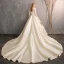 Illusion Champagne Wedding Dresses 2019 A-Line / Princess V-Neck 3/4 Sleeve Backless Beading Pearl Cathedral Train Ruffle
