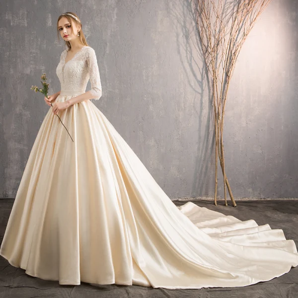 Illusion Champagne Wedding Dresses 2019 A-Line / Princess V-Neck 3/4 Sleeve Backless Beading Pearl Cathedral Train Ruffle