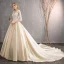 Illusion Champagne Wedding Dresses 2019 A-Line / Princess V-Neck 3/4 Sleeve Backless Beading Pearl Cathedral Train Ruffle