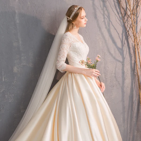 Illusion Champagne Wedding Dresses 2019 A-Line / Princess V-Neck 3/4 Sleeve Backless Beading Pearl Cathedral Train Ruffle