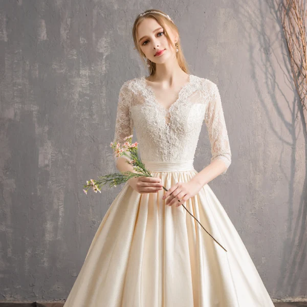 Illusion Champagne Wedding Dresses 2019 A-Line / Princess V-Neck 3/4 Sleeve Backless Beading Pearl Cathedral Train Ruffle