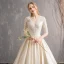 Illusion Champagne Wedding Dresses 2019 A-Line / Princess V-Neck 3/4 Sleeve Backless Beading Pearl Cathedral Train Ruffle