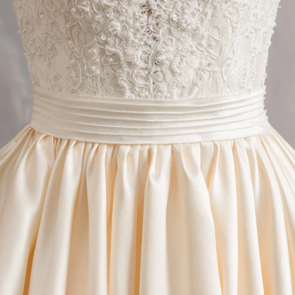 Illusion Champagne Wedding Dresses 2019 A-Line / Princess V-Neck 3/4 Sleeve Backless Beading Pearl Cathedral Train Ruffle