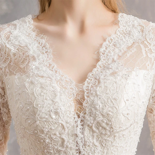 Illusion Champagne Wedding Dresses 2019 A-Line / Princess V-Neck 3/4 Sleeve Backless Beading Pearl Cathedral Train Ruffle