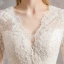 Illusion Champagne Wedding Dresses 2019 A-Line / Princess V-Neck 3/4 Sleeve Backless Beading Pearl Cathedral Train Ruffle