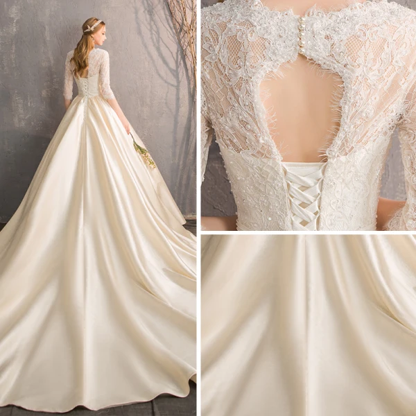 Illusion Champagne Wedding Dresses 2019 A-Line / Princess V-Neck 3/4 Sleeve Backless Beading Pearl Cathedral Train Ruffle