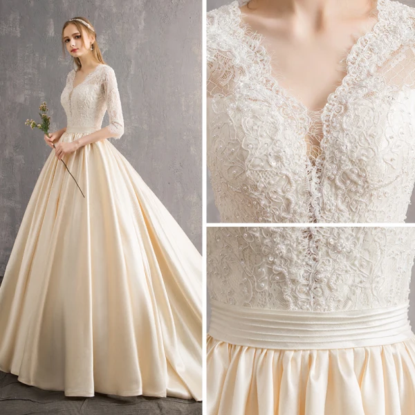 Illusion Champagne Wedding Dresses 2019 A-Line / Princess V-Neck 3/4 Sleeve Backless Beading Pearl Cathedral Train Ruffle