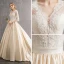 Illusion Champagne Wedding Dresses 2019 A-Line / Princess V-Neck 3/4 Sleeve Backless Beading Pearl Cathedral Train Ruffle