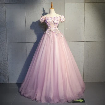 Moderne Mode Rougissant Rose Robe De Bal 2019 Robe Boule De L Épaule Manches Courtes Appliques Fleur Perle Faux Diamant Longue Volants Dos Nu Robe De Ceremonie