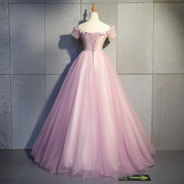 Modern / Fashion Blushing Pink Prom Dresses 2019 Ball Gown Off-The-Shoulder Short Sleeve Appliques Flower Pearl Rhinestone Floor-Length / Long Ruffle Backless Formal Dresses