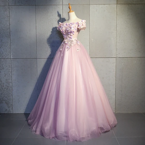 Modern / Fashion Blushing Pink Prom Dresses 2019 Ball Gown Off-The-Shoulder Short Sleeve Appliques Flower Pearl Rhinestone Floor-Length / Long Ruffle Backless Formal Dresses