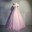 Modern / Fashion Blushing Pink Prom Dresses 2019 Ball Gown Off-The-Shoulder Short Sleeve Appliques Flower Pearl Rhinestone Floor-Length / Long Ruffle Backless Formal Dresses