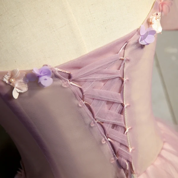 Modern / Fashion Blushing Pink Prom Dresses 2019 Ball Gown Off-The-Shoulder Short Sleeve Appliques Flower Pearl Rhinestone Floor-Length / Long Ruffle Backless Formal Dresses