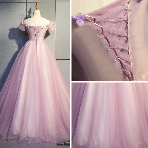 Modern / Fashion Blushing Pink Prom Dresses 2019 Ball Gown Off-The-Shoulder Short Sleeve Appliques Flower Pearl Rhinestone Floor-Length / Long Ruffle Backless Formal Dresses