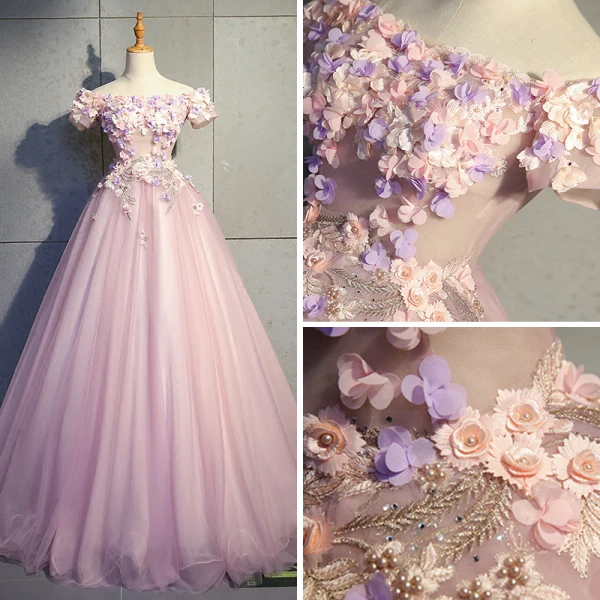 Modern / Fashion Blushing Pink Prom Dresses 2019 Ball Gown Off-The-Shoulder Short Sleeve Appliques Flower Pearl Rhinestone Floor-Length / Long Ruffle Backless Formal Dresses