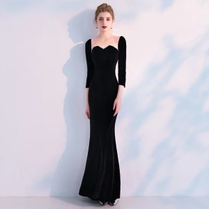 Modern Fashion Black See Through Evening Dresses 2019 Trumpet Mermaid V Neck 3 4 Sleeve Beading Ankle Length Ruffle Formal Dresses