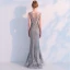 Luxe Gris Transparentes Robe De Soirée 2019 Trompette / Sirène V-Cou Sans Manches Perlage Appliques En Dentelle Train De Balayage Volants Robe De Ceremonie