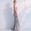 Luxury / Gorgeous Grey See-through Evening Dresses  2019 Trumpet / Mermaid V-Neck Sleeveless Beading Appliques Lace Sweep Train Ruffle Formal Dresses