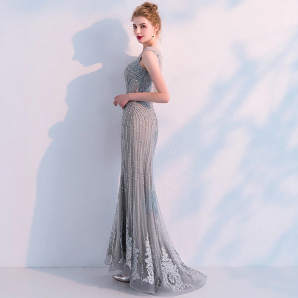 Luxe Gris Transparentes Robe De Soirée 2019 Trompette / Sirène V-Cou Sans Manches Perlage Appliques En Dentelle Train De Balayage Volants Robe De Ceremonie