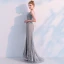 Luxe Gris Transparentes Robe De Soirée 2019 Trompette / Sirène V-Cou Sans Manches Perlage Appliques En Dentelle Train De Balayage Volants Robe De Ceremonie