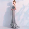 Luxury / Gorgeous Grey See-through Evening Dresses  2019 Trumpet / Mermaid V-Neck Sleeveless Beading Appliques Lace Sweep Train Ruffle Formal Dresses