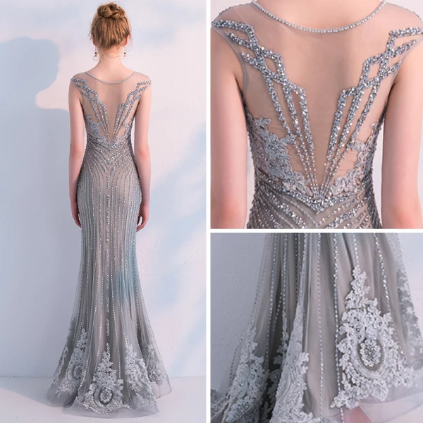 Luxe Gris Transparentes Robe De Soirée 2019 Trompette / Sirène V-Cou Sans Manches Perlage Appliques En Dentelle Train De Balayage Volants Robe De Ceremonie