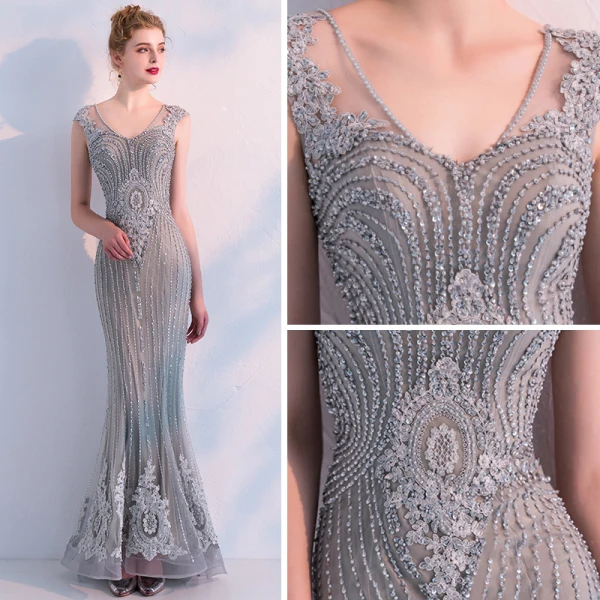 Luxe Gris Transparentes Robe De Soirée 2019 Trompette / Sirène V-Cou Sans Manches Perlage Appliques En Dentelle Train De Balayage Volants Robe De Ceremonie