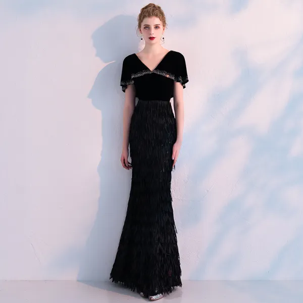 Modern / Fashion Black Evening Dresses  With Shawl 2019 Trumpet / Mermaid V-Neck Rhinestone Tassel Polyester Floor-Length / Long Ruffle Formal Dresses