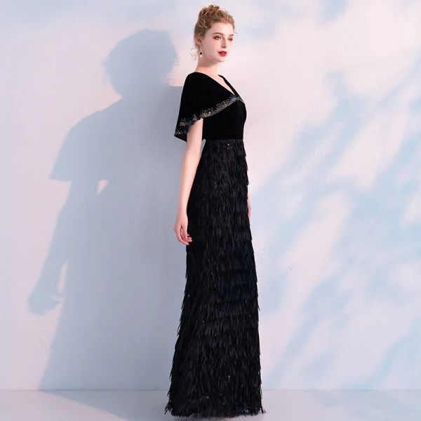 Modern / Fashion Black Evening Dresses  With Shawl 2019 Trumpet / Mermaid V-Neck Rhinestone Tassel Polyester Floor-Length / Long Ruffle Formal Dresses