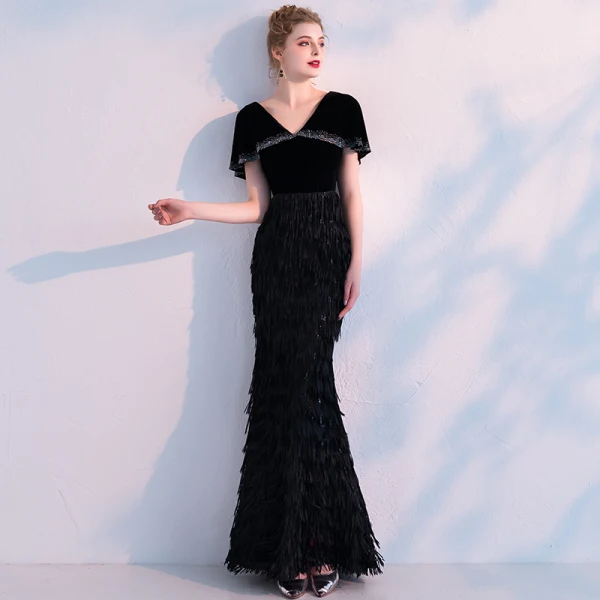 Modern / Fashion Black Evening Dresses  With Shawl 2019 Trumpet / Mermaid V-Neck Rhinestone Tassel Polyester Floor-Length / Long Ruffle Formal Dresses