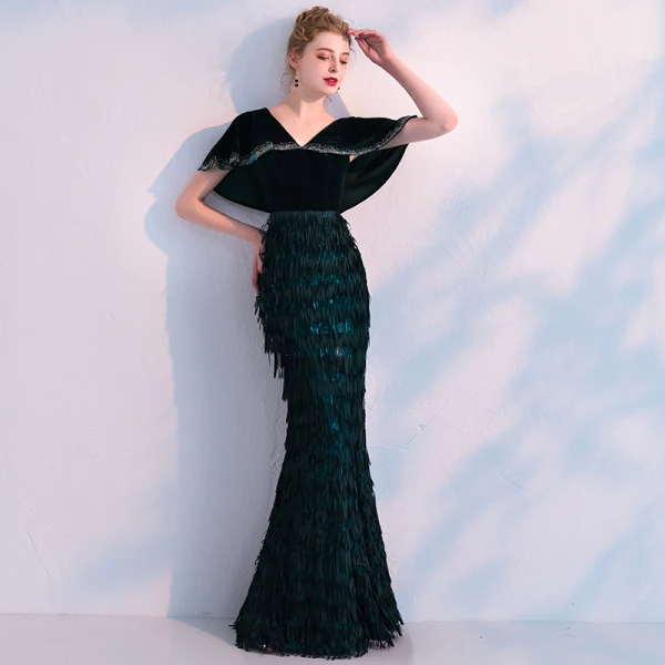 Modern / Fashion Black Evening Dresses  With Shawl 2019 Trumpet / Mermaid V-Neck Rhinestone Tassel Polyester Floor-Length / Long Ruffle Formal Dresses