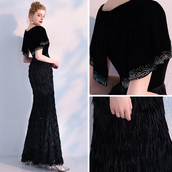 Modern / Fashion Black Evening Dresses  With Shawl 2019 Trumpet / Mermaid V-Neck Rhinestone Tassel Polyester Floor-Length / Long Ruffle Formal Dresses