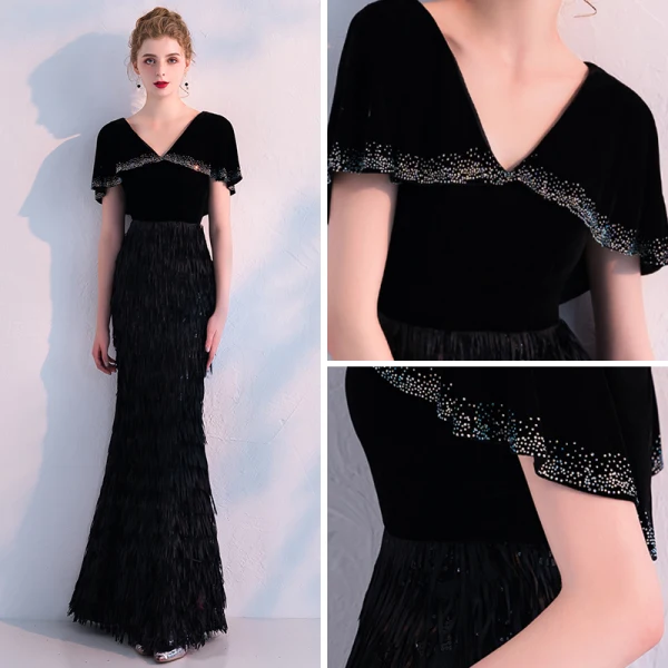 Modern / Fashion Black Evening Dresses  With Shawl 2019 Trumpet / Mermaid V-Neck Rhinestone Tassel Polyester Floor-Length / Long Ruffle Formal Dresses