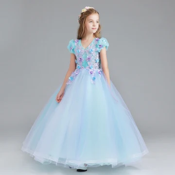 Chic Beautiful Pool Blue Sky Blue Flower Girl Dresses 2017 Ball Gown V Neck Short Sleeve Flower Appliques Lace Floor Length Long Ruffle Wedding Party Dresses