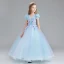 Chic / Beautiful Pool Blue Sky Blue Flower Girl Dresses 2017 Ball Gown V-Neck Short Sleeve Flower Appliques Lace Floor-Length / Long Ruffle Wedding Party Dresses